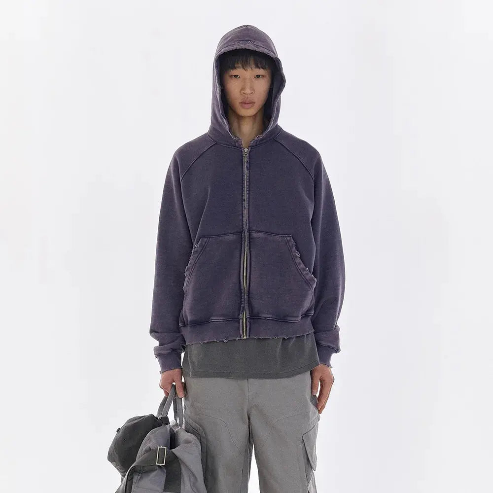 Frayed Washed Vintage Zip Hoodie