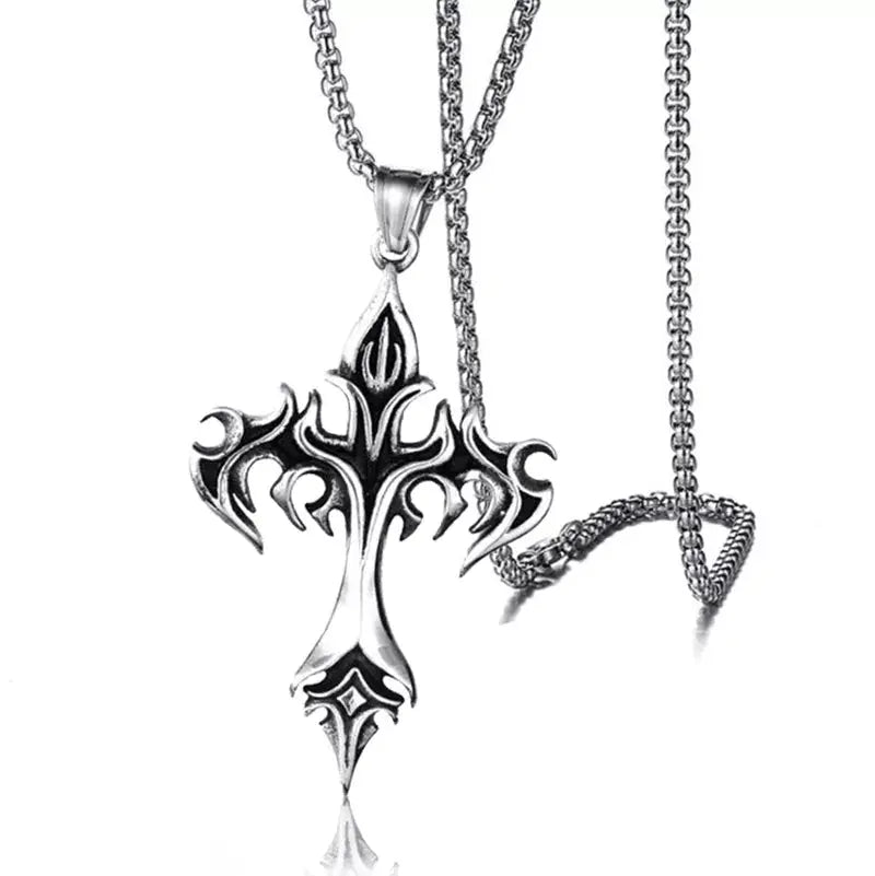 Goth Flame Cross Pendant Stainless Steel Chain Necklace - Hominus Denim