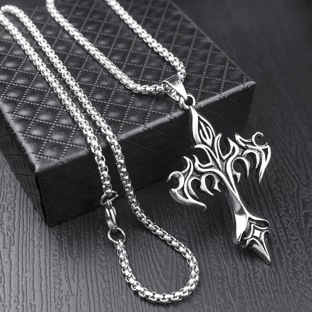 Goth Flame Cross Pendant Stainless Steel Chain Necklace - Hominus Denim
