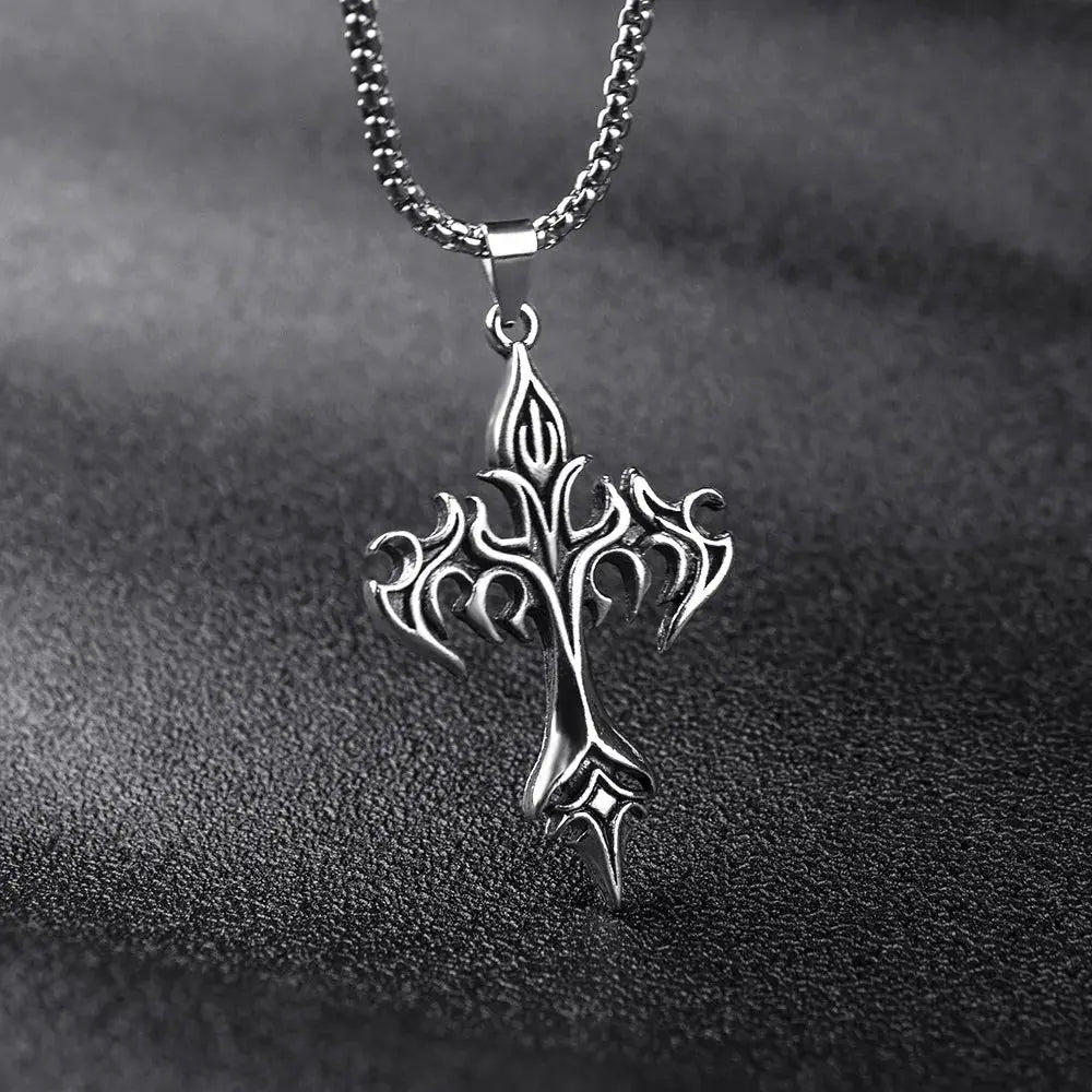 Goth Flame Cross Pendant Stainless Steel Chain Necklace - Hominus Denim