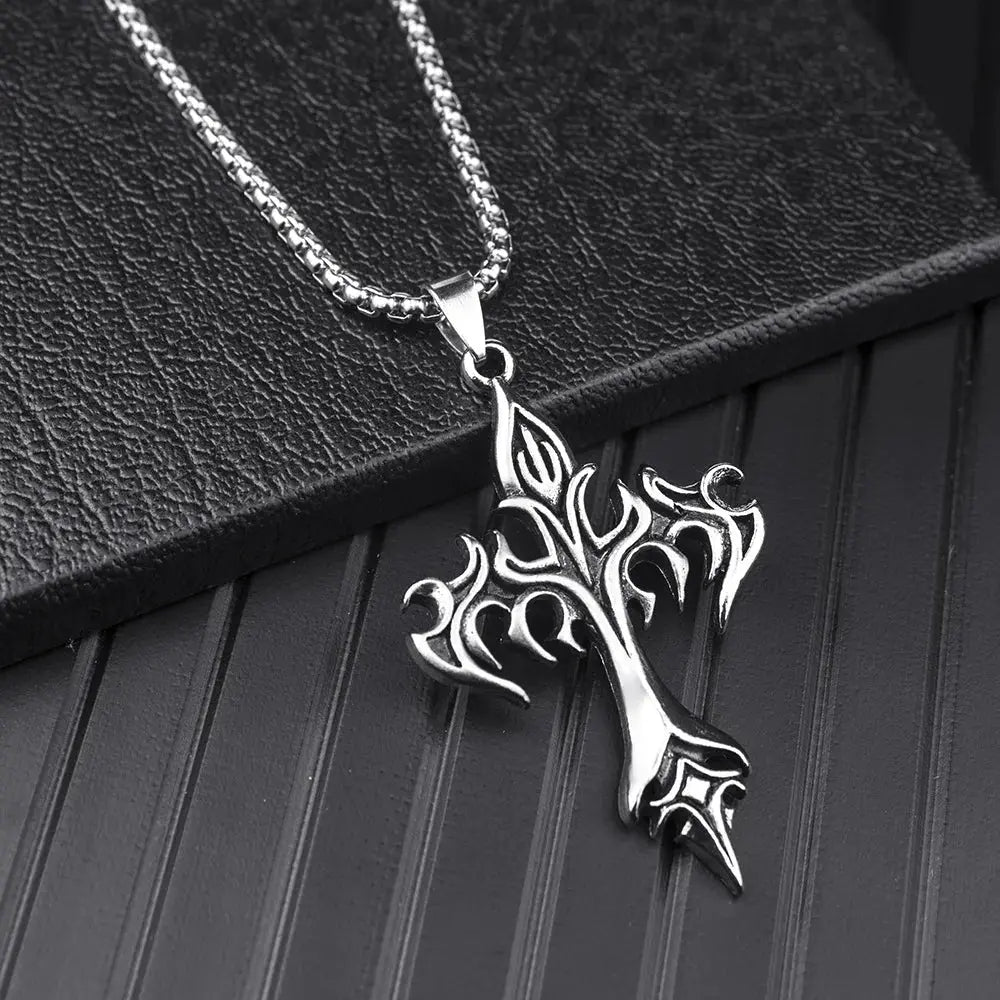 Goth Flame Cross Pendant Stainless Steel Chain Necklace - Hominus Denim
