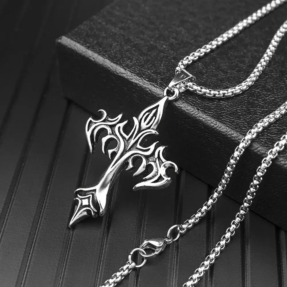 Goth Flame Cross Pendant Stainless Steel Chain Necklace - Hominus Denim