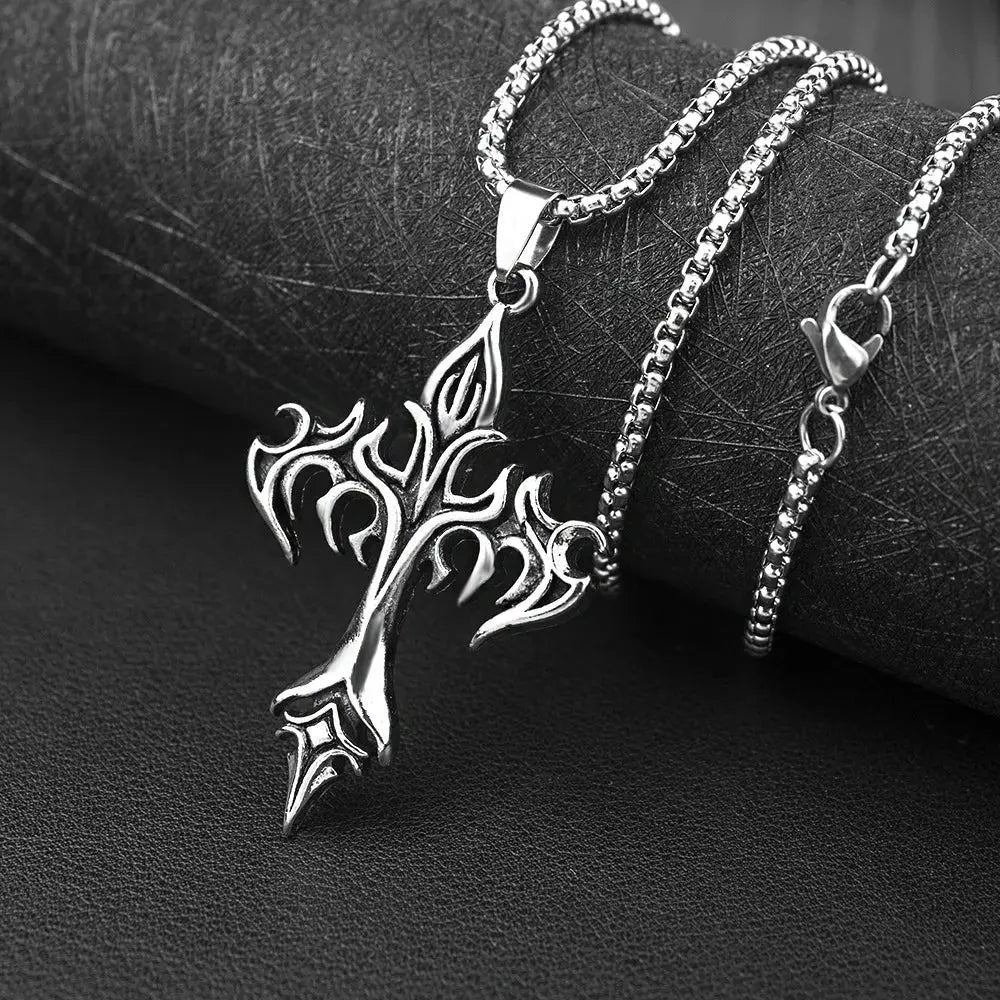 Goth Flame Cross Pendant Stainless Steel Chain Necklace - Hominus Denim