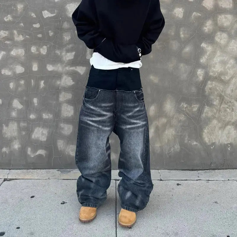 Gothic Cleanfit Baggy Jeans Y2K Trendy Contrasting Color Splicing Unisex Streetwear Retro High Quality Straight Wide-leg Pants Hominus Denim