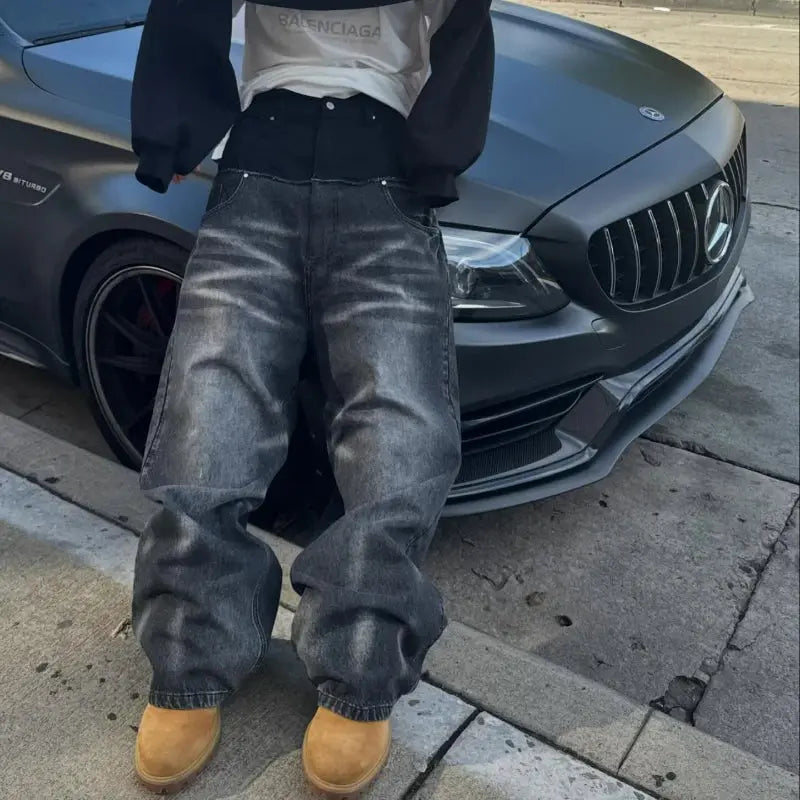 Gothic Cleanfit Baggy Jeans Y2K Trendy Contrasting Color Splicing Unisex Streetwear Retro High Quality Straight Wide-leg Pants Hominus Denim