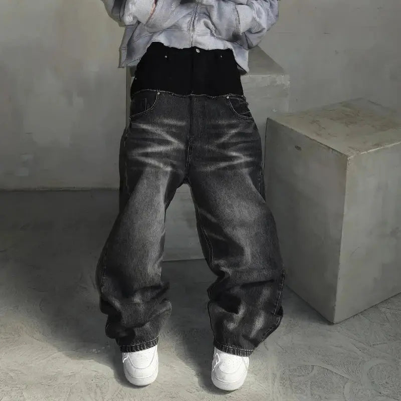 Gothic Cleanfit Baggy Jeans Y2K Trendy Contrasting Color Splicing Unisex Streetwear Retro High Quality Straight Wide-leg Pants Hominus Denim