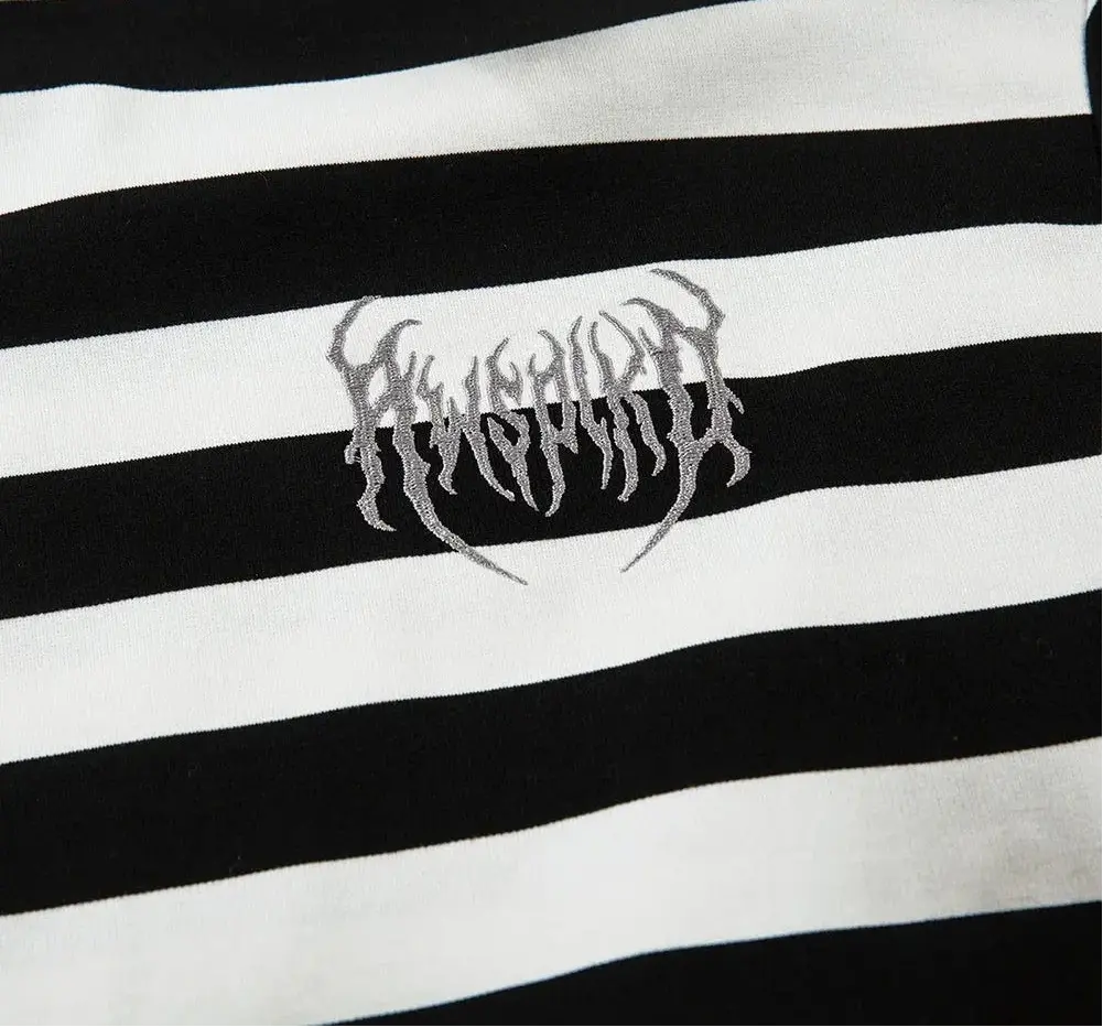 Gothic Letter Embroidered Striped Long Sleeve Tee Hominus Denim