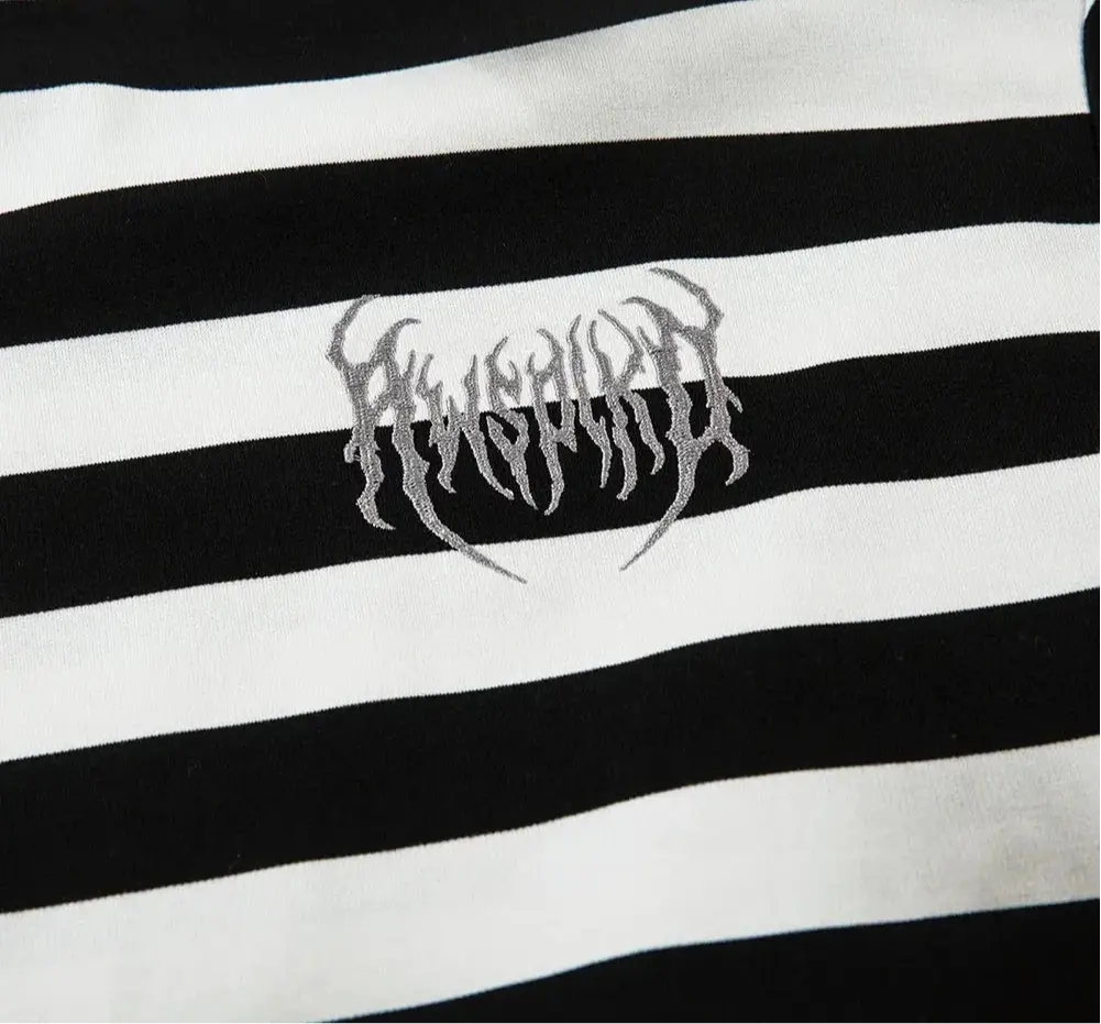Gothic Letter Embroidered Striped Long Sleeve Tee Hominus Denim