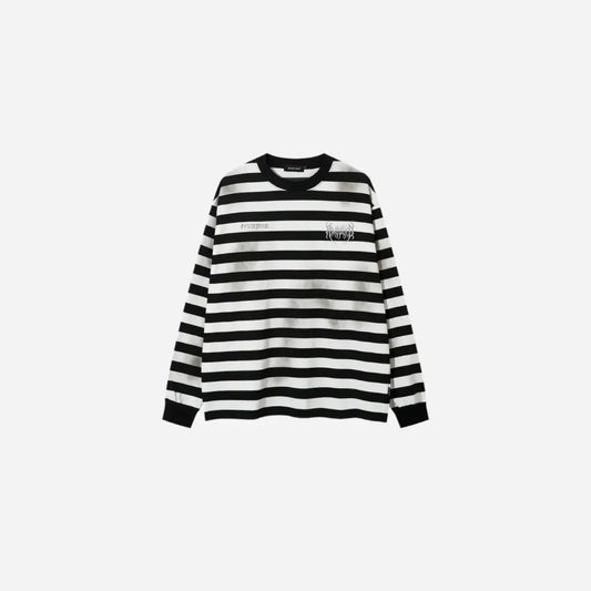Gothic Letter Embroidered Striped Long Sleeve Tee Hominus Denim