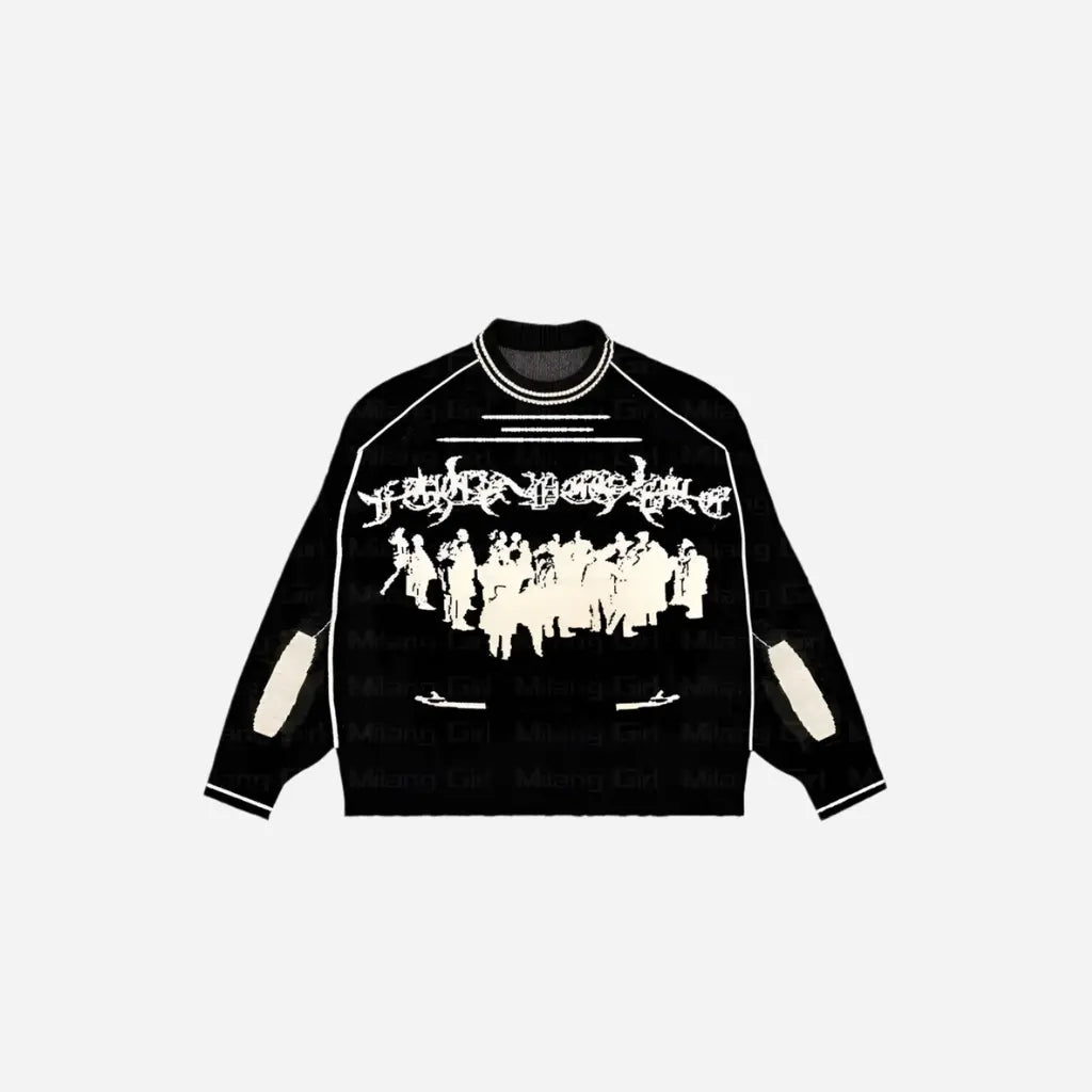Gothic Pattern Black Knit Sweater Hominus Denim