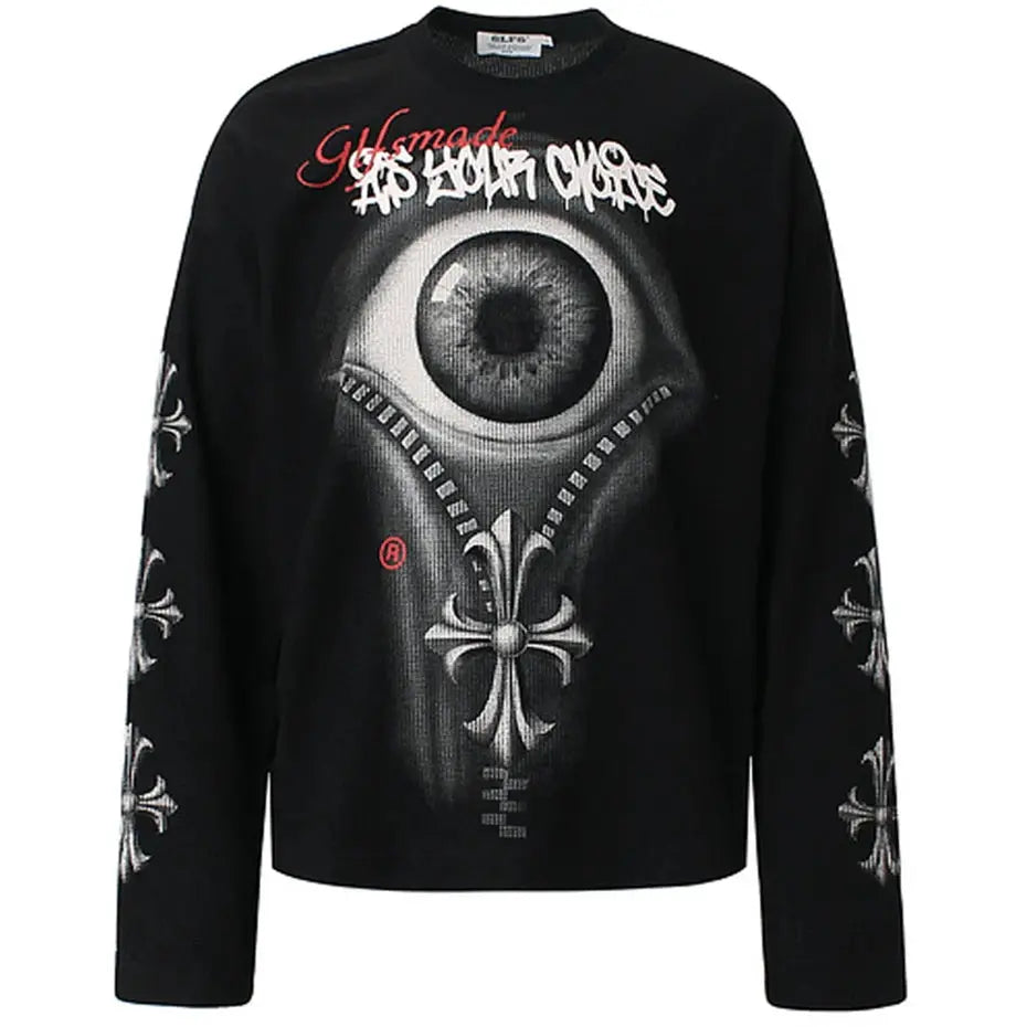 Gothic Punk Eyes Graphic T-shirts Men Streetwear Harajuku Hip Hop Oversized T Shirts Loose Casual Long Sleeve Tshirt Tee Tops Hominus Denim