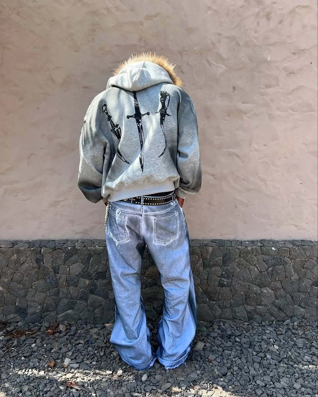 Gothic Washed Fur Hooded Zip Hoodie Hominus Denim