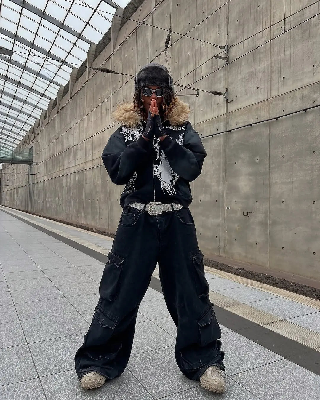 Gothic Washed Fur Hooded Zip Hoodie Hominus Denim