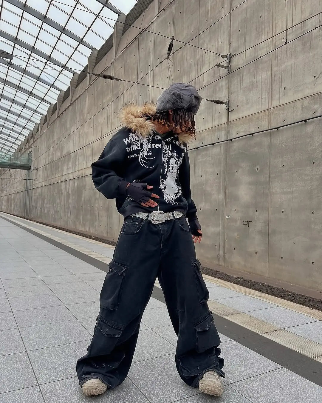 Gothic Washed Fur Hooded Zip Hoodie Hominus Denim