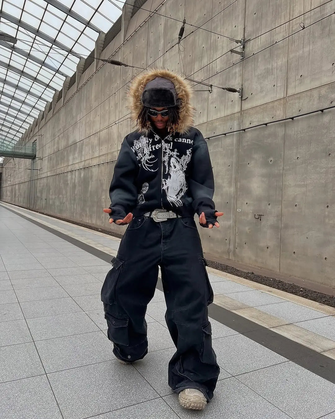 Gothic Washed Fur Hooded Zip Hoodie Hominus Denim