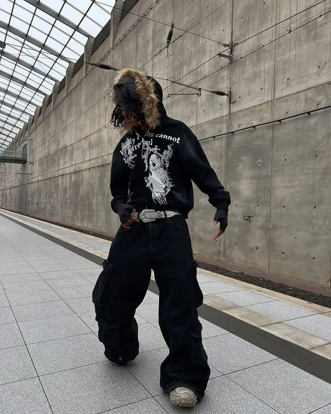 Gothic Washed Fur Hooded Zip Hoodie Hominus Denim
