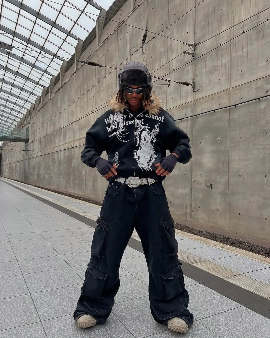 Gothic Washed Fur Hooded Zip Hoodie Hominus Denim