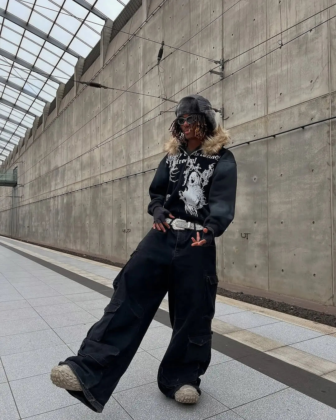 Gothic Washed Fur Hooded Zip Hoodie Hominus Denim