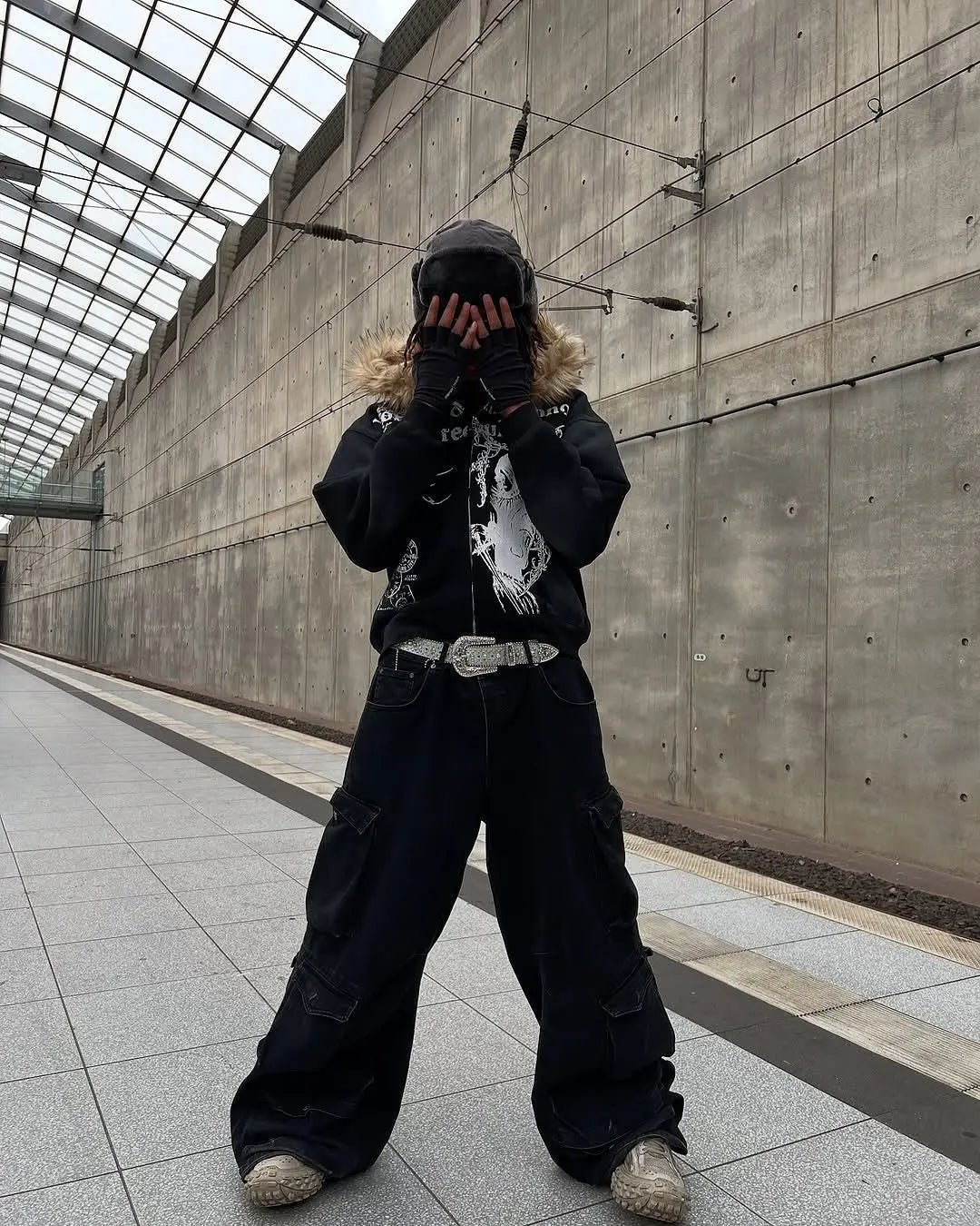 Gothic Washed Fur Hooded Zip Hoodie Hominus Denim