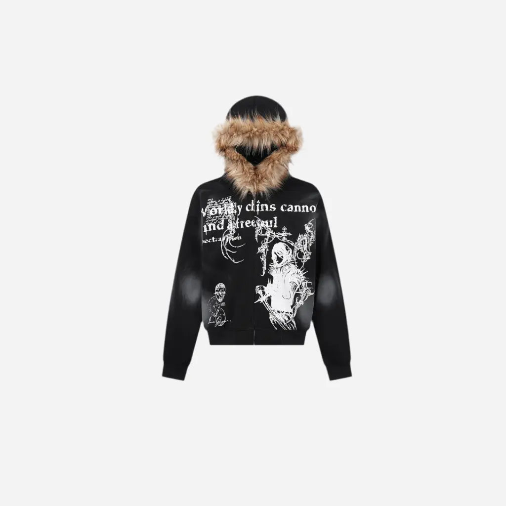 Gothic Washed Fur Hooded Zip Hoodie Hominus Denim