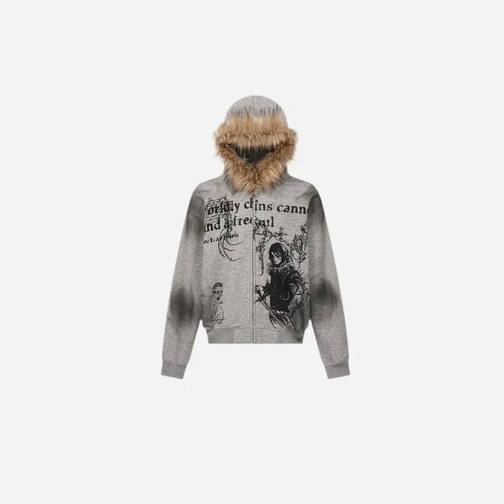 Gothic Washed Fur Hooded Zip Hoodie Hominus Denim