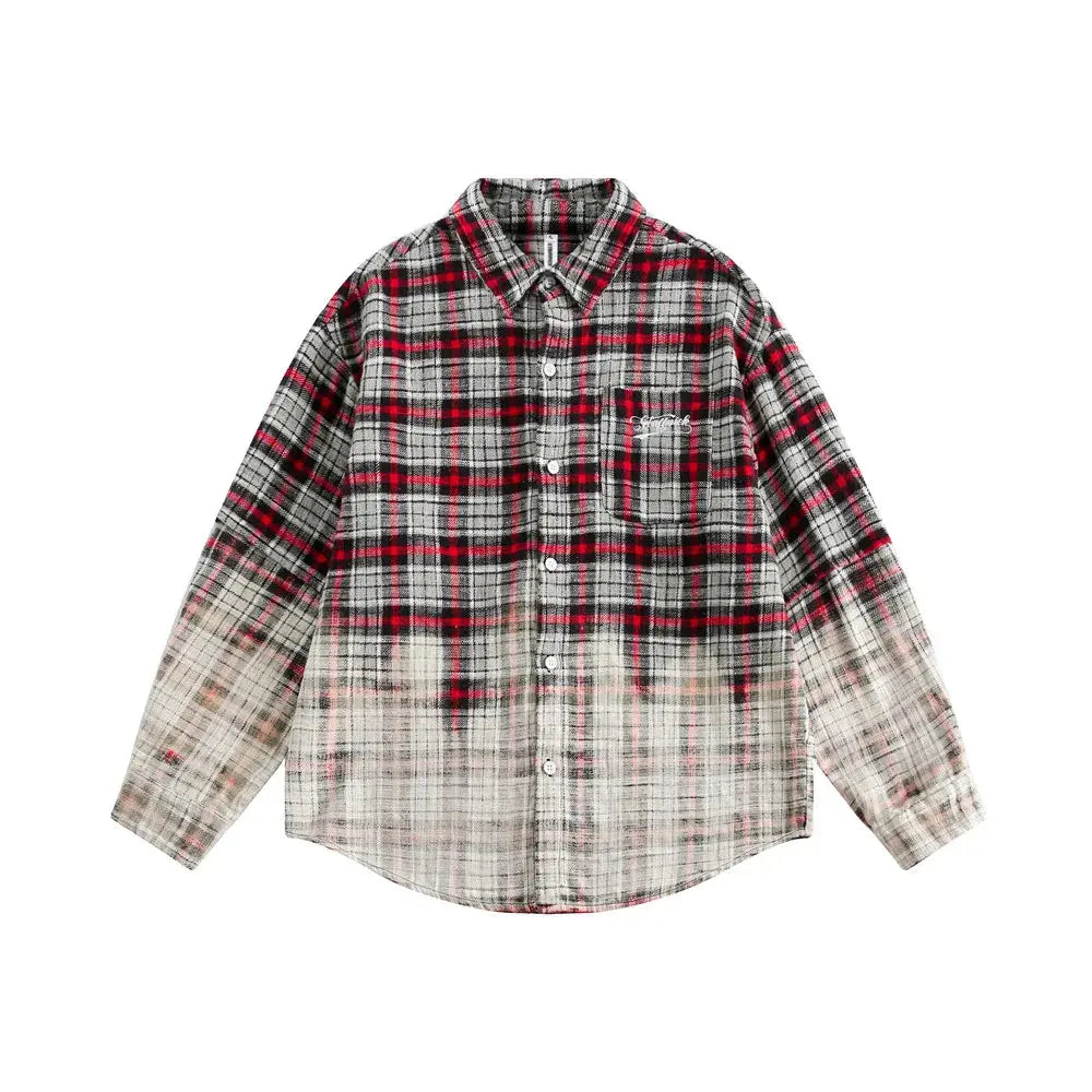 Gradient Dyed Plaid Long Sleeve Shirts Mens Pocket Embroidery High Street Lapel Single Breasted Shirts Men Cotton Tops Hominus Denim