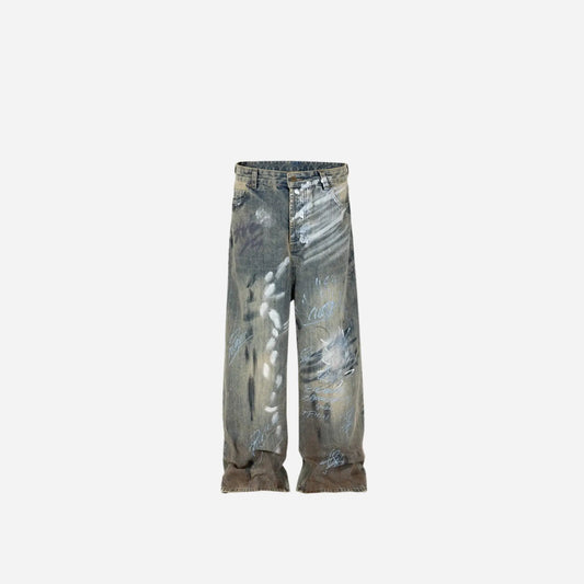 Graffiti Damaged Wash Baggy Jean Hominus Denim