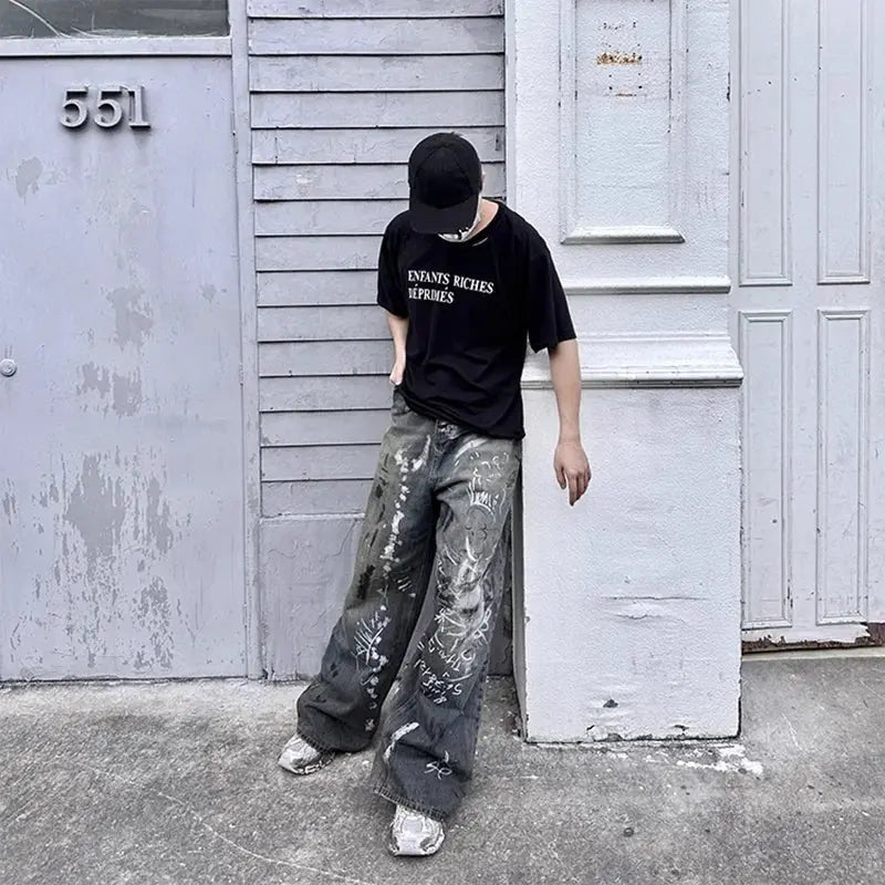 Graffiti Damaged Wash Baggy Jean - Hominus Denim