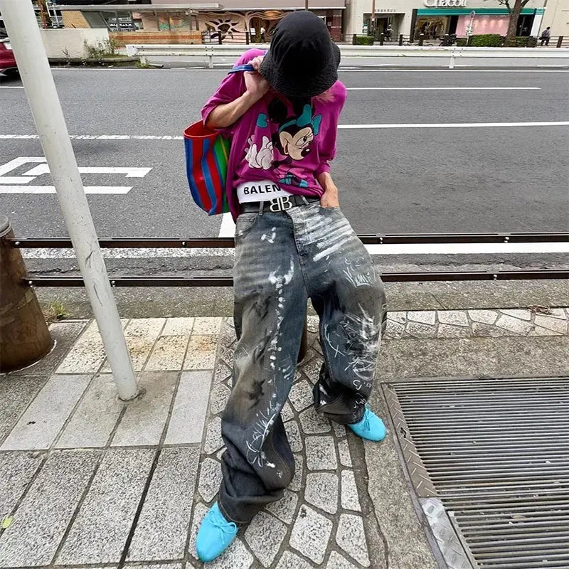 Graffiti Damaged Wash Baggy Jean - Hominus Denim