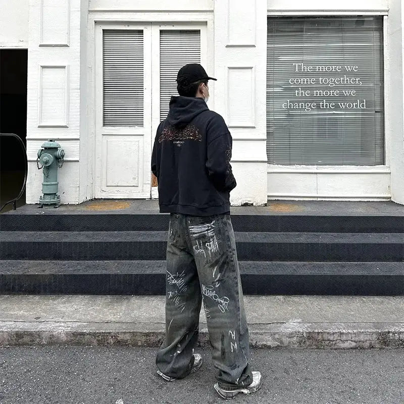 Graffiti Damaged Wash Baggy Jean - Hominus Denim