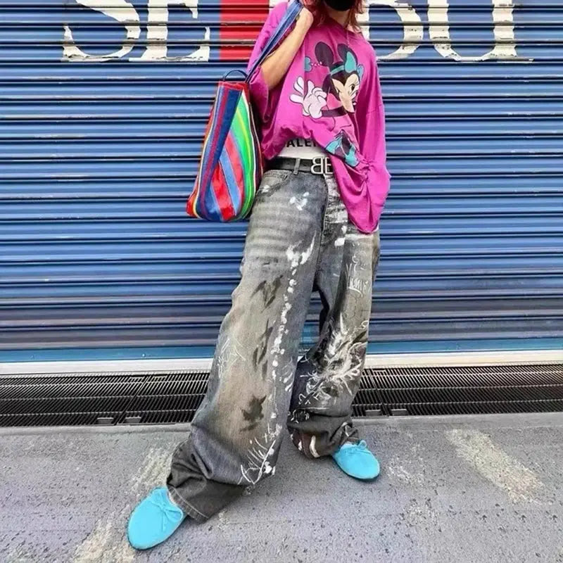 Graffiti Damaged Wash Baggy Jean - Hominus Denim