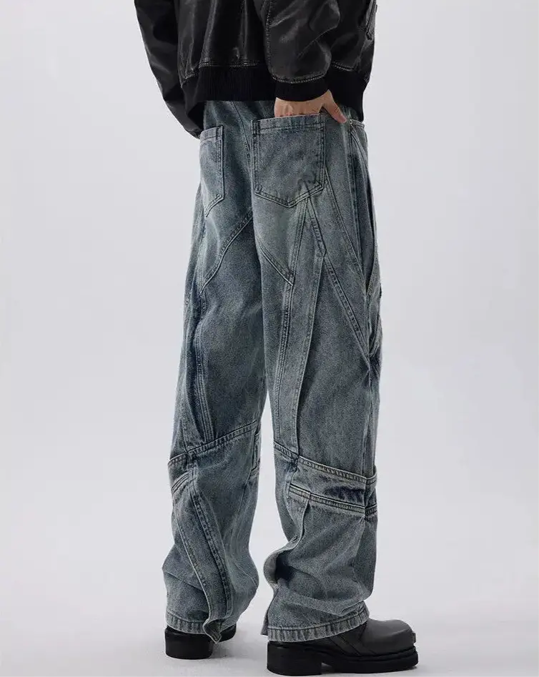 Grunge Washed Layered Striped Denim Jeans Hominus Denim