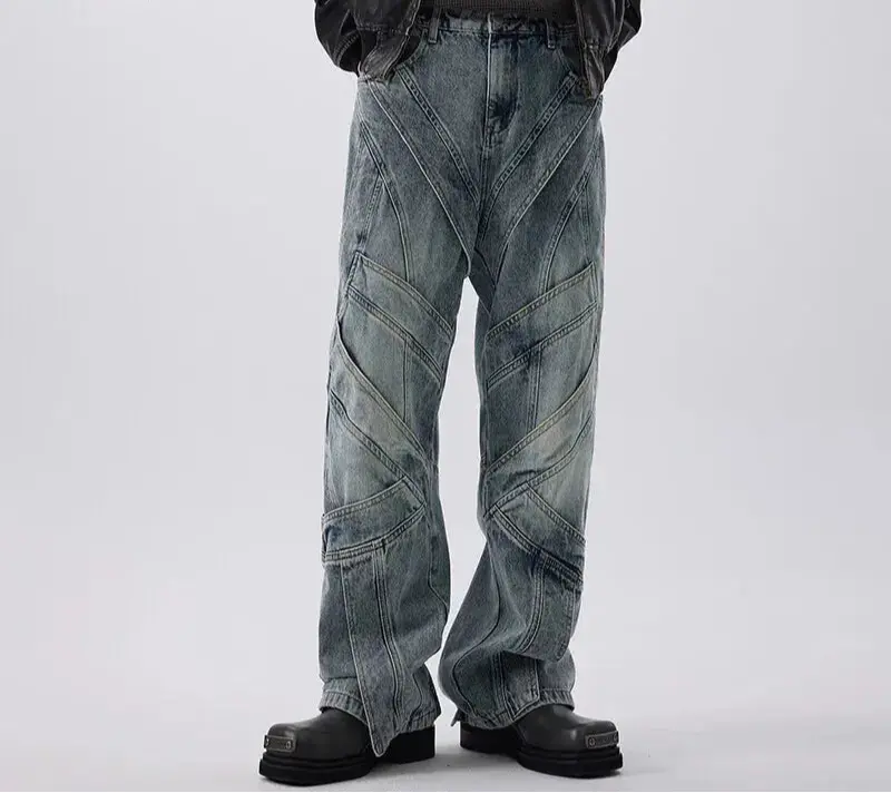 Grunge Washed Layered Striped Denim Jeans Hominus Denim