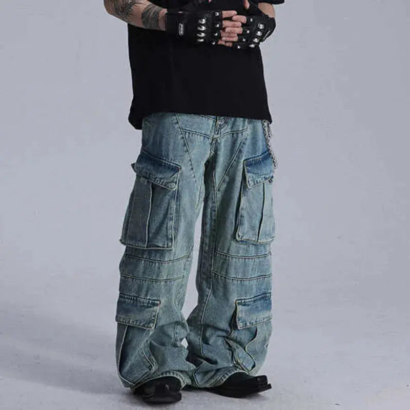 HKSH Men's Niche Heavy Industry Deconstruction Pocket Washed Straight Jeans Punk Design High Sense Silhouette Denim Pants HK1561 Hominus Denim
