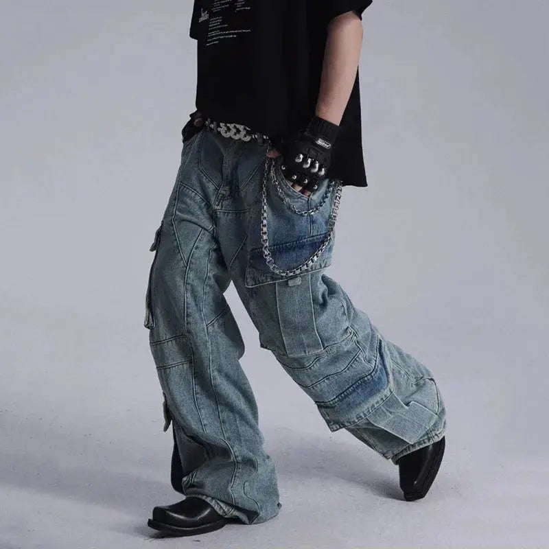 HKSH Men's Niche Heavy Industry Deconstruction Pocket Washed Straight Jeans Punk Design High Sense Silhouette Denim Pants HK1561 Hominus Denim
