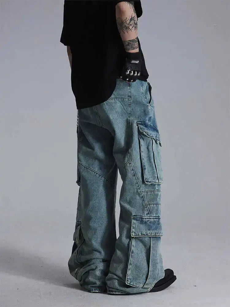 HKSH Men's Niche Heavy Industry Deconstruction Pocket Washed Straight Jeans Punk Design High Sense Silhouette Denim Pants HK1561 Hominus Denim