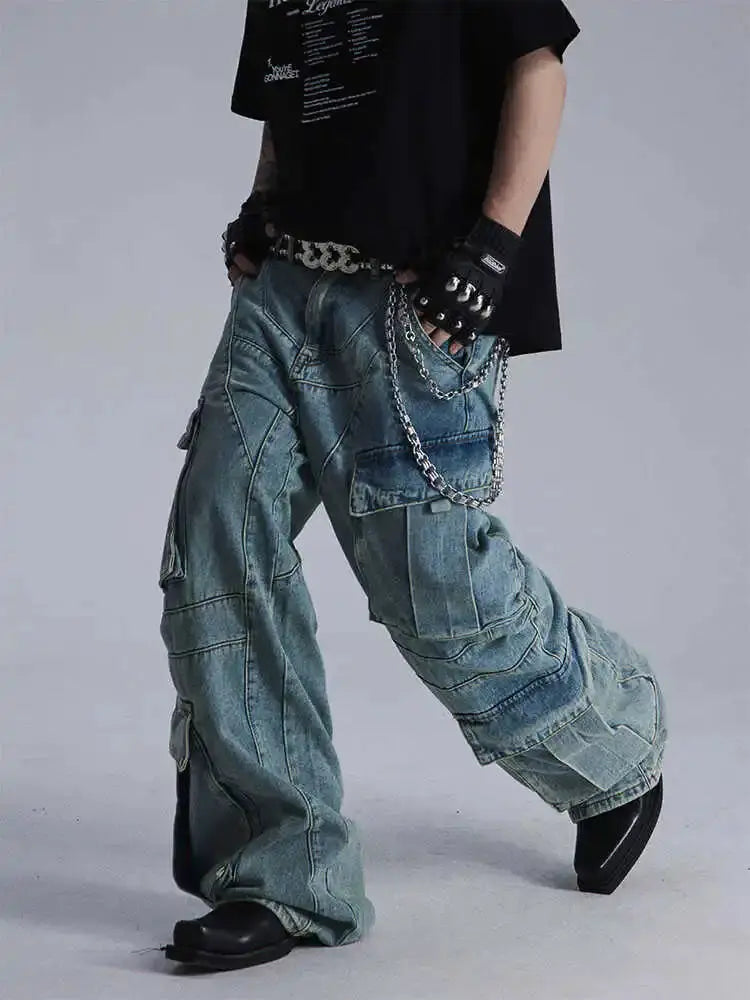 HKSH Men's Niche Heavy Industry Deconstruction Pocket Washed Straight Jeans Punk Design High Sense Silhouette Denim Pants HK1561 Hominus Denim