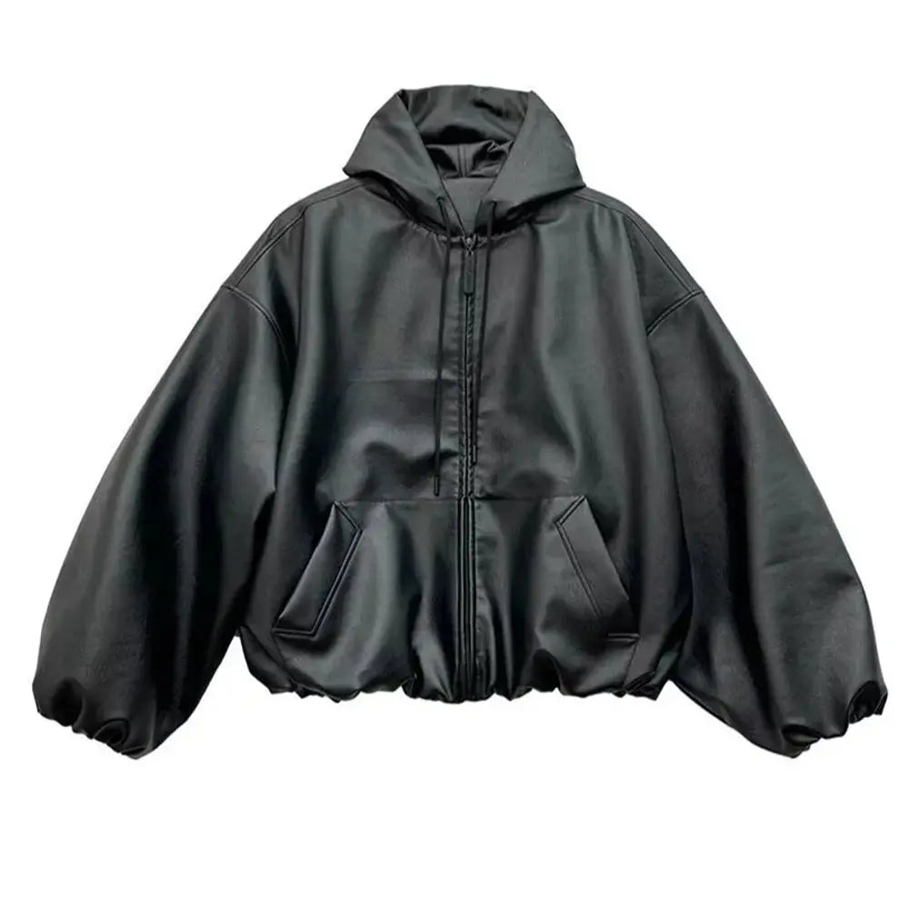 High Street Black Color Pu Leather WIndbreaker Coat Mens and Women Cleanfit Casual Loose Zipper Hooded Jackets Oversized Hominus Denim