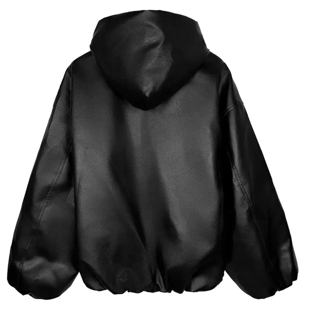 High Street Black Color Pu Leather WIndbreaker Coat Mens and Women Cleanfit Casual Loose Zipper Hooded Jackets Oversized Hominus Denim