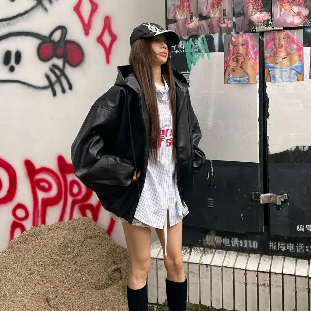 High Street Black Color Pu Leather WIndbreaker Coat Mens and Women Cleanfit Casual Loose Zipper Hooded Jackets Oversized Hominus Denim