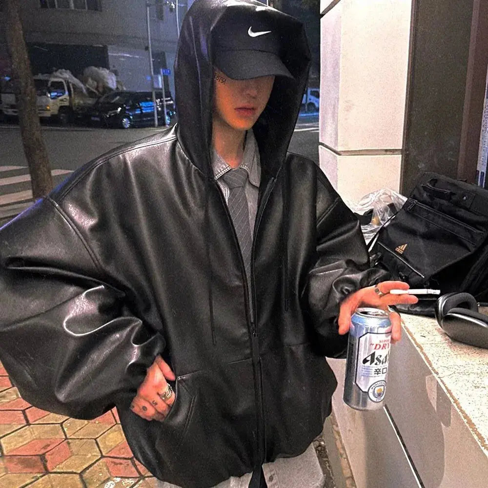 High Street Black Color Pu Leather WIndbreaker Coat Mens and Women Cleanfit Casual Loose Zipper Hooded Jackets Oversized Hominus Denim