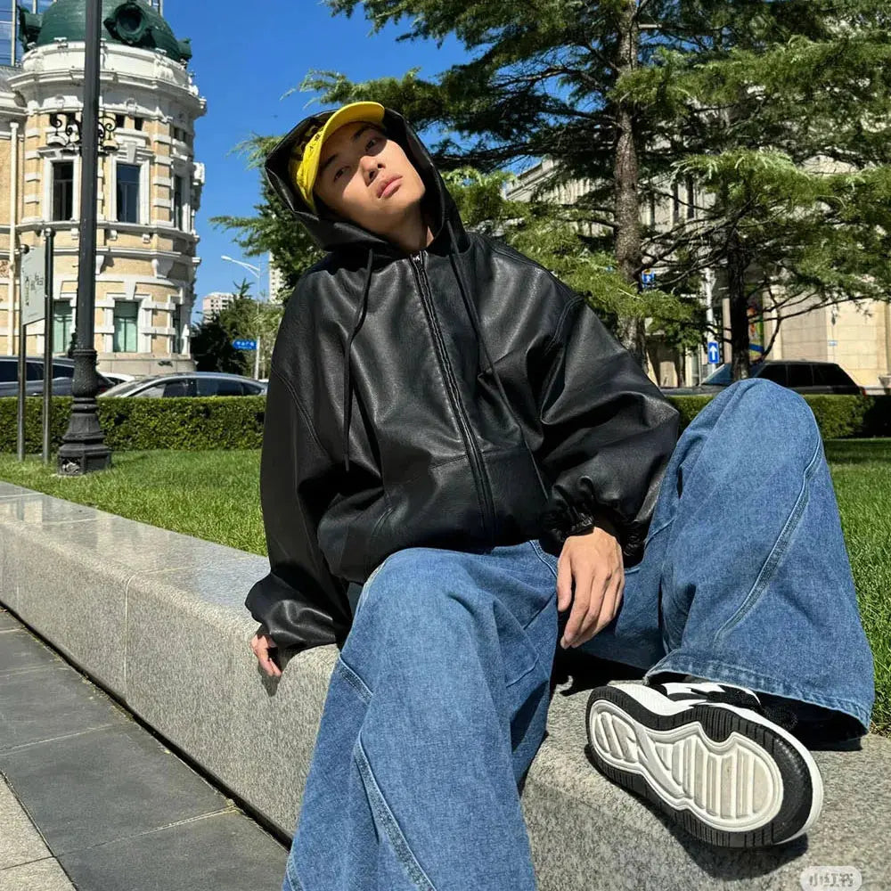 High Street Black Color Pu Leather WIndbreaker Coat Mens and Women Cleanfit Casual Loose Zipper Hooded Jackets Oversized Hominus Denim