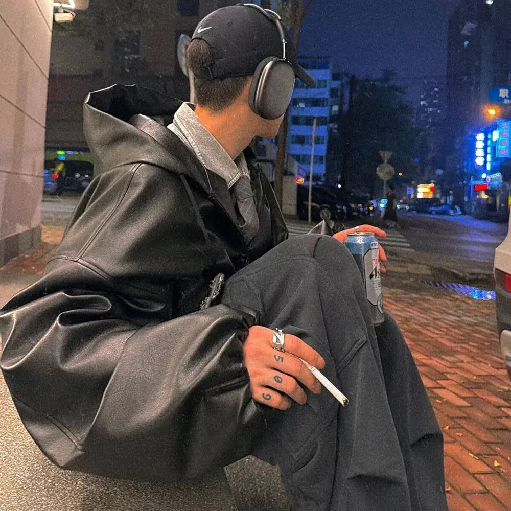 High Street Black Color Pu Leather WIndbreaker Coat Mens and Women Cleanfit Casual Loose Zipper Hooded Jackets Oversized Hominus Denim