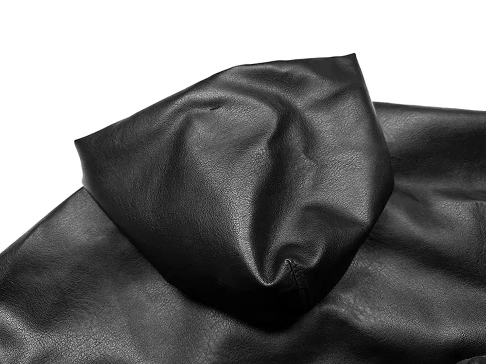 High Street Black Color Pu Leather WIndbreaker Coat Mens and Women Cleanfit Casual Loose Zipper Hooded Jackets Oversized Hominus Denim