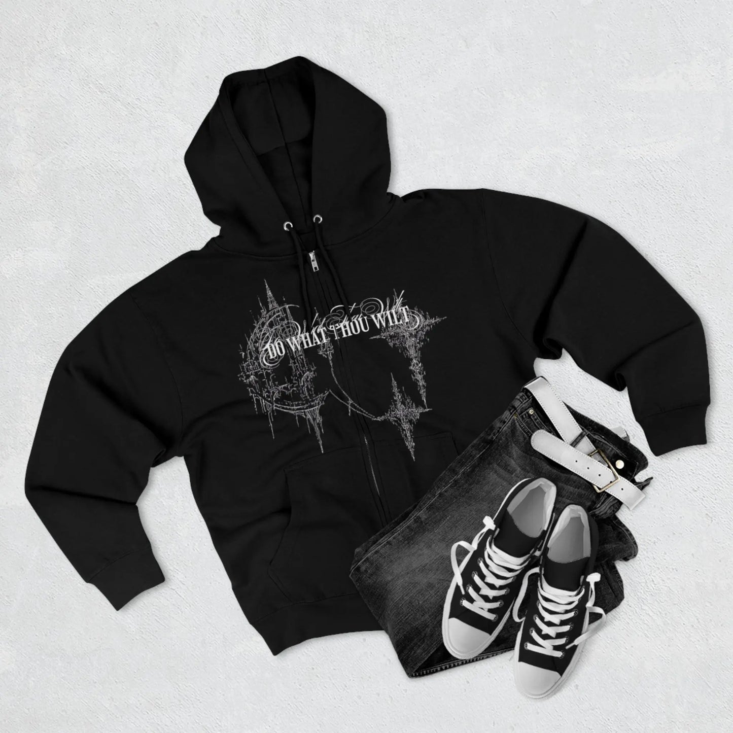 Hominus Denim Gothic Design Zip Hoodie Printify