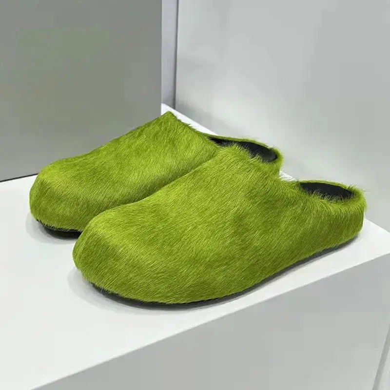 Horsehair Slippers Women Round Toe Furry Mules Shoes Woman Fashion Comfort Flat Slides Woman Wool Winter Shoes Women Slippers Hominus Denim