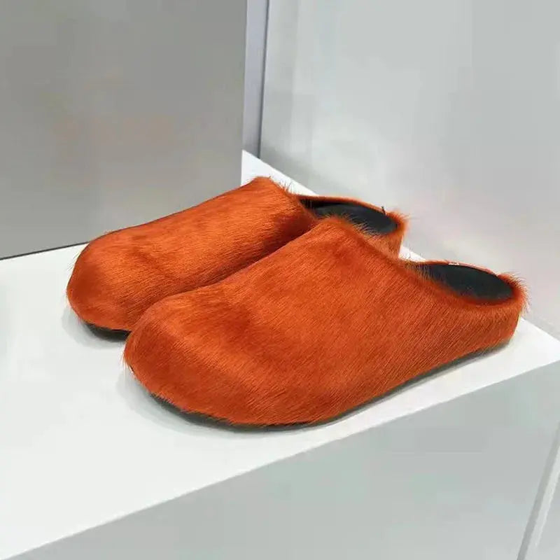 Horsehair Slippers Women Round Toe Furry Mules Shoes Woman Fashion Comfort Flat Slides Woman Wool Winter Shoes Women Slippers Hominus Denim
