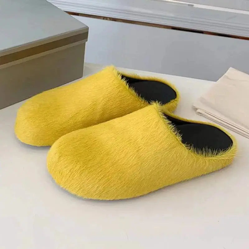 Horsehair Slippers Women Round Toe Furry Mules Shoes Woman Fashion Comfort Flat Slides Woman Wool Winter Shoes Women Slippers Hominus Denim