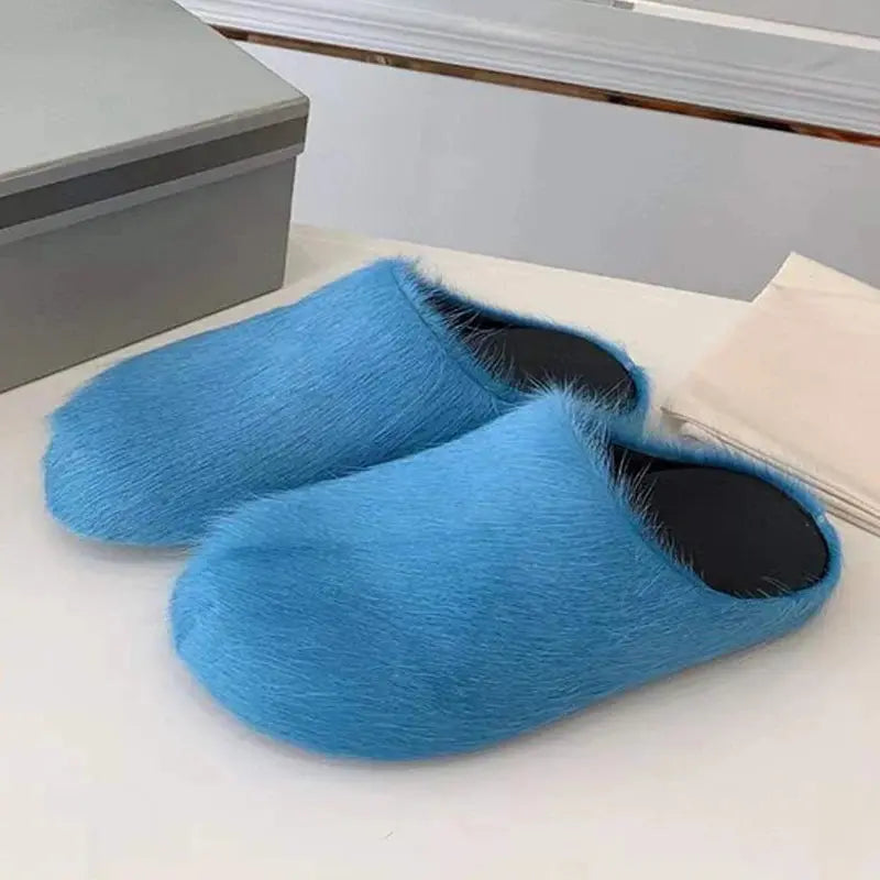 Horsehair Slippers Women Round Toe Furry Mules Shoes Woman Fashion Comfort Flat Slides Woman Wool Winter Shoes Women Slippers Hominus Denim