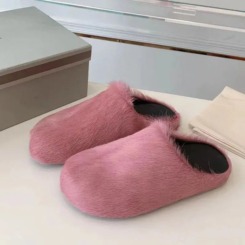 Horsehair Slippers Women Round Toe Furry Mules Shoes Woman Fashion Comfort Flat Slides Woman Wool Winter Shoes Women Slippers Hominus Denim
